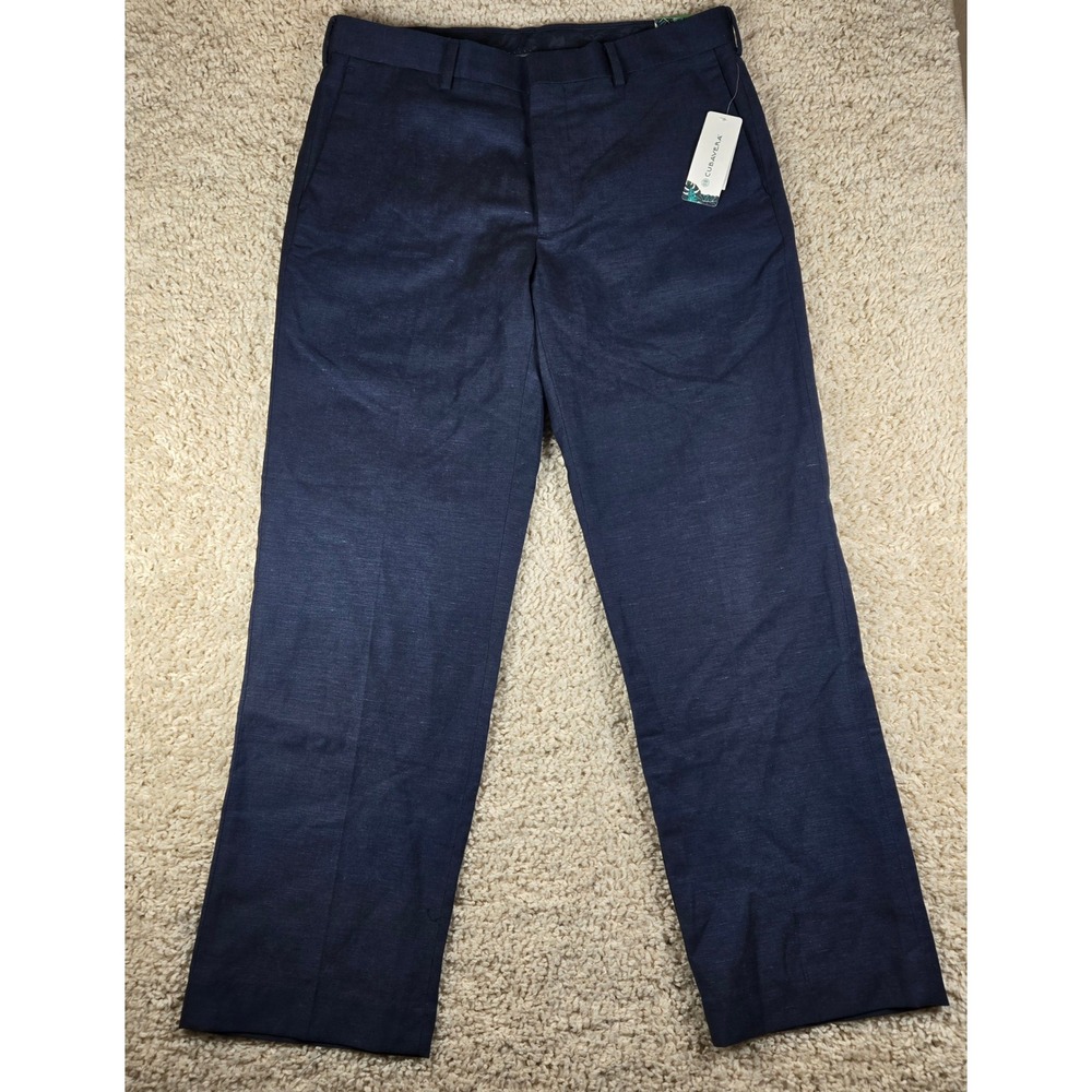 NWT‎ Cubavera Mens Linen Blend Flat Front Dress Pants 34x30 Navy Dress Blues